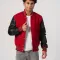Scarlet Red Body & Black Faux Leather Sleeves Letterman Jacket With Feathered Knit Trim