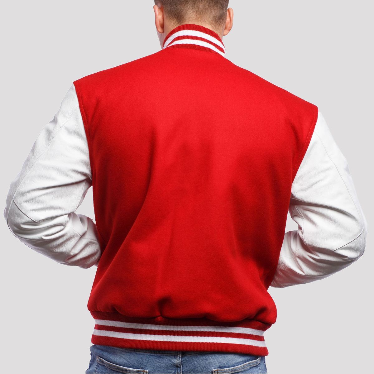 Scarlet Wool Body & White Faux Leather Sleeves Letterman Jacket